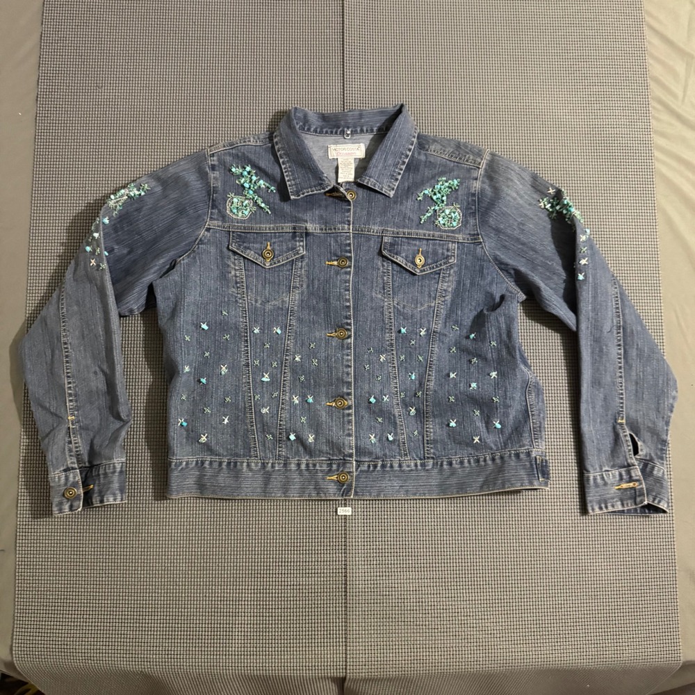 Victor Costa Occasion Womens Blue Beaded Denim Jacket Size L A63351